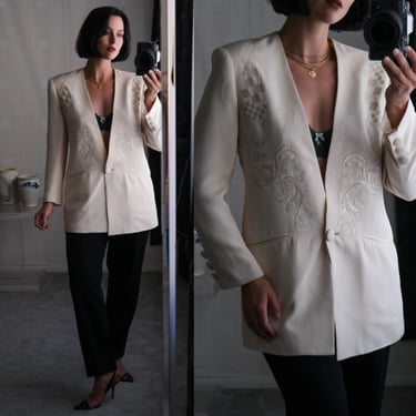 Vintage 90s CACHE Ivory Silk Collarless Checkered Baroque Embroidered Tuxedo Power Blazer | 100% Silk | 1990s Designer Formal Chic Jacket 