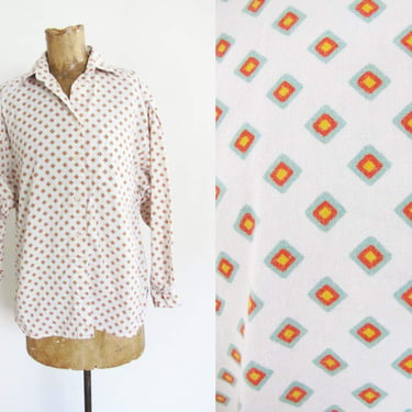 Vintage 80s Cotton Button Up Blouse S - 1980s Diamond Polka Dot Print Collared Long Sleeve Shirt - Preppy Style 