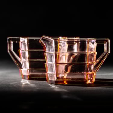 Rare Pink Depression Glass Rectangular Cream & Sugar Set by Indiana Glass Co - Antique Tea Room Pattern Collectible 