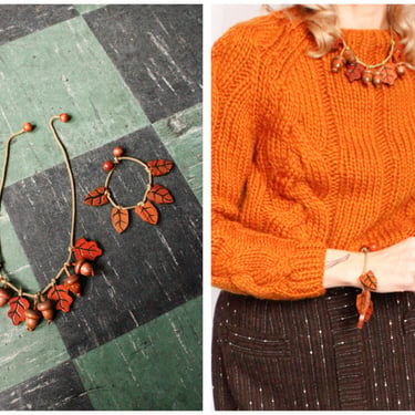 1940s Carved Wood and Cord Leaf & Acorn Necklace and Bracelet Set 
