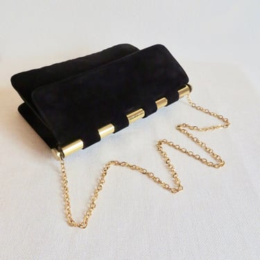 Vintage 1970's Black Suede and Gold Cocktail Purse Shoulder Chain Party Evening Handbag 60's Handbags Nicholas Reich 