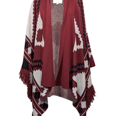 L'Agence - Dark Red, Black, & White Wool Blend Cape Shawl Sz XS/S