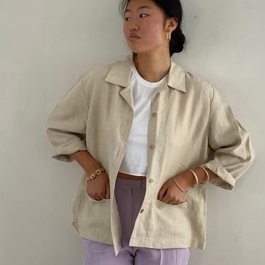 90s linen shirt blazer / vintage oatmeal beige 100 linen simple unlined over shirt blazer shacket | Extra Large 