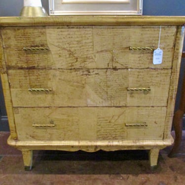 UNIQUE FRENCH CHEST DECOUPAGED WITH ANTIQUE LETTERS AND NOTES