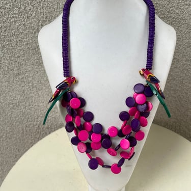 Vintage boho Tropical parrot wood flat beads necklace 3 strands fuchsia pink purple 