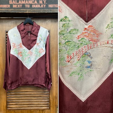 Vintage 1950’s Asian Japan Souvenir Tour Hand Painted Satin Rockabilly Shirt, 50’s Vintage Clothing 