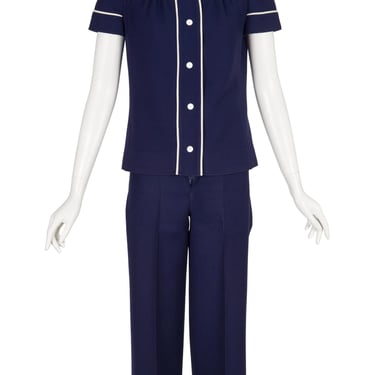 Courrèges 1970s Navy Wool Peter Pan Collar Vintage Pant Suit Sz S 