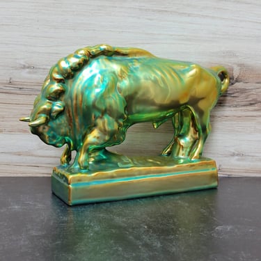 Zsolnay Bison by Ferenc Ory Eosin Green Gold - Hungarian Art Pottery 