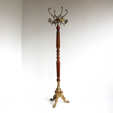 Wood & Ornate Brass Italian Coat Hat Rack Hall Tree Floor Stand Hollywood Regency Vintage Women's Faces Bedroom Furniture 50s 