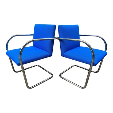 Tubular Chrome Brno Arm Chairs in Blue, pair