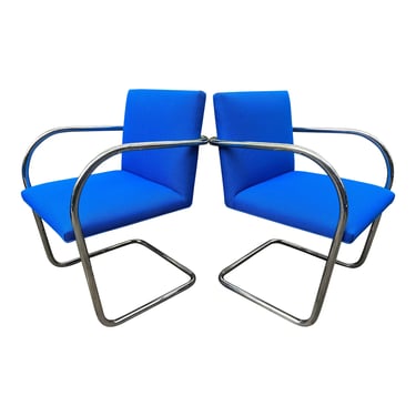 Tubular Chrome Brno Arm Chairs in Blue, pair