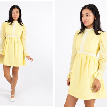 Vintage 1970s 70s Lemon Yellow Swiss Dot Flocked Mini Dress  w/ High Neckline, Puff Sleeves, Empire Waist // Cottagecore 