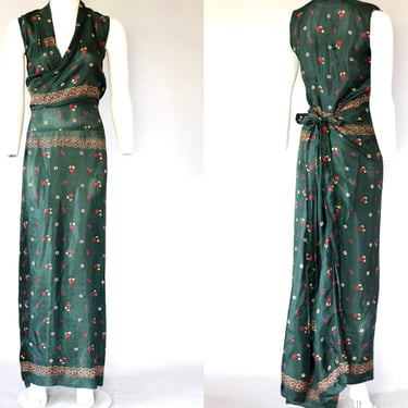 Vintage Indian Block Print Apron Wrap Maxi Dress - Full Length Sleeveless - Large 
