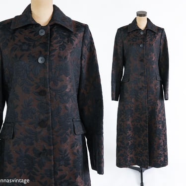 DKNY | 1990s Black & Brown Floral Upholstery Coat | 90s Brown Print Black Long Maxi Coat | DKNY | Large 