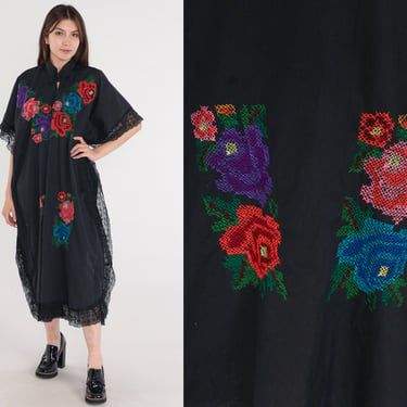 Floral Caftan Dress 80s Mexican Embroidered Midi Dress Peasant Black Hippie Cotton Kaftan Bohemian Vintage 1980s Small Medium Large 