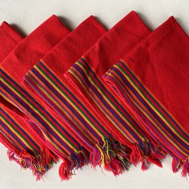Vintage Red Cloth Fringed Napkins With Rainbow Stripe, Set Of 5, Cloth Napkins, Dinner Party, Cinco De Mayo 