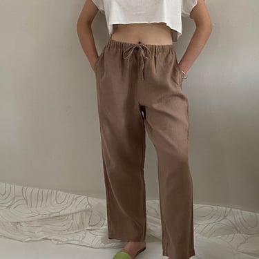 90s linen pants / vintage high waisted cocoa woven linen drawstring elastic waist easy lounge baggy pants | M 