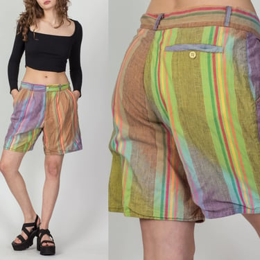 80s Boho Striped High Waist Shorts - Large, 32" | Vintage Colorful Cotton Trouser Shorts 