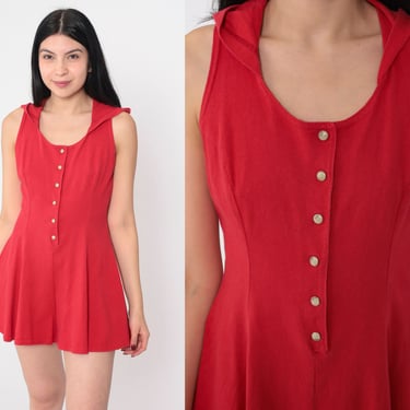 Red Hooded Romper 90s Button up Mini Playsuit Hood Retro Plain Sleeveless Wide Leg Shorts Jumpsuit Minidress Vintage 1990s Extra Small xs 