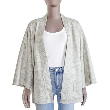 Gray Green Abstract Print Kimono Spring Casual Coastal Boho Cardigan Vacation Beach Tropical Easter Blouse Long Sleeve Formal Evening Top 