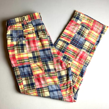 Madras Print Patchwork Plaid Cotton Pants 36” Waist, 32” Inseam. 