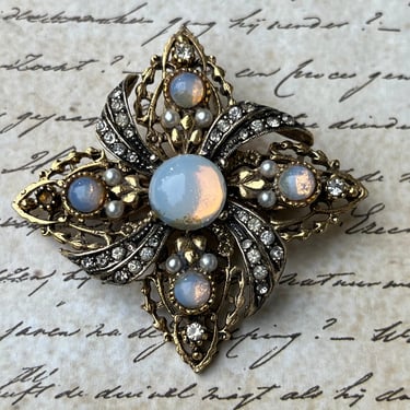 1950s moonstone brooch vintage iridescent jeweled pin signed ART 