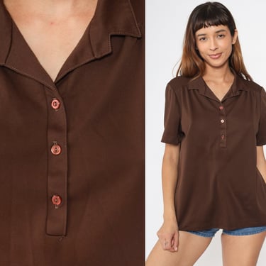 70s Polo Shirt Dark Brown Collared Blouse Retro Tee Seventies Top Plain Simple Boho Blouse Short Sleeve Vintage 1970s Large L 
