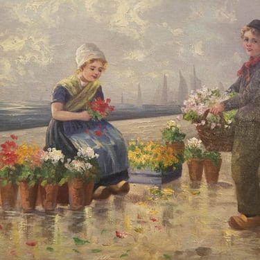 Antique Dutch Painting Little Girls with Flowers Circa. 1900 
