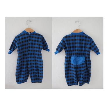 Vintage Oshkosh Baby Boys Romper Blue Buffalo Plaid - Size 6 9 Months 