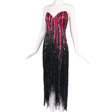 Bob Mackie Red, Pink & Black Beaded & Sequined Strapless Cocktail Dress