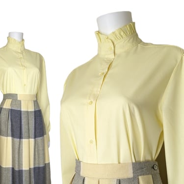 Vintage High Neck Blouse, Medium Large / 80s Yellow Ruffled Prairie Blouse / Cotton Blend Long Sleeve Button Blouse 