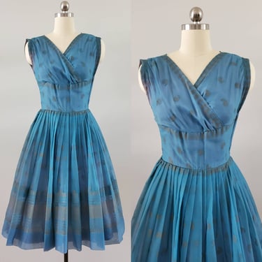 1950's Dress in Blue and Gold 50's  Dresses 50s Women's Vintage Size XS 