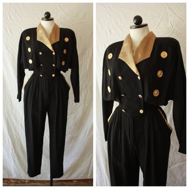 80s Black and Gold Baroque Jumpsuit with Batwing Sleeves Military Dynasty Size S / M 