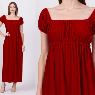 70s Red Felt Maxi Dress - Small | Vintage Byer California Boho Empire Waist Lounge Gown 
