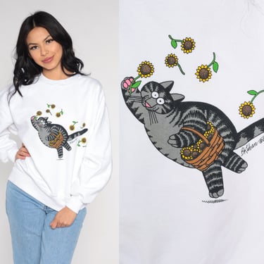 Vintage Kliban Cat Sweatshirt Crazy Shirts Sunflower Kitten Sweater 90s Animal Sweatshirt 1990s Graphic Floral Print Crewneck White Medium 