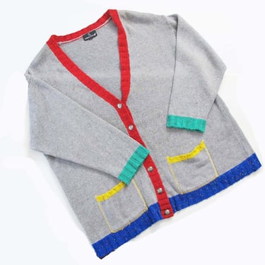 Vintage 90s Colorblock Baggy Oversized Cardigan 2XL - 1990s Gray Knitted Red Green Yellow Slouchy Sweater 