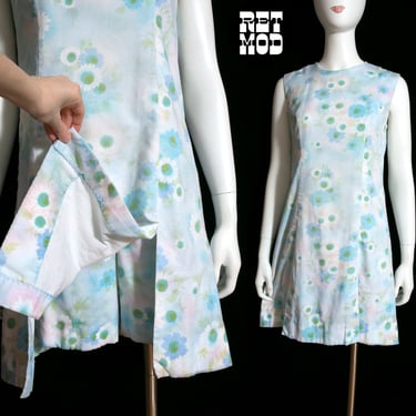 Two-Piece Shorts & Mini Dress - Vintage 60s 70s Pastel Blue and White Floral Cotton Set 