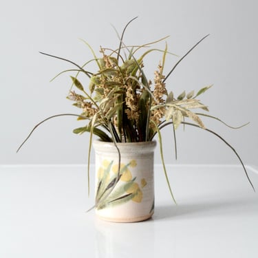 vintage studio pottery vase, hand-painted floral crock vase 