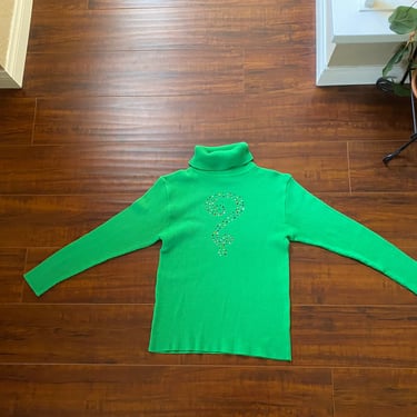 Vintage 1970’s Green Turtleneck with Rhinestone Question Mark 