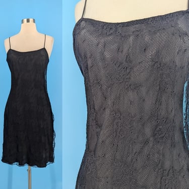 Vintage Nineties Small Laundry Shelli Segal  Spaghetti Strap Black Lace Overlay Mini Dress - 90s Dress 