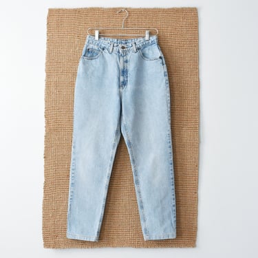 vintage banana republic high waist jeans, light blue tapered denim, made in usa, 29