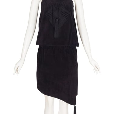 Claude Montana for Ideal Cuir 1980s Vintage Black Suede Tassel Asymmetrical Blouson Dress Sz S 