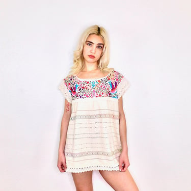 Oaxacan Rainbow Blouse // vintage 70s 1970s hand embroidered boho hippie tunic hippy off white cotton Mexican 70's 1970's // O/S 