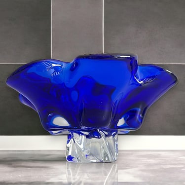 Vintage Egermann Cobalt Blue Glass Clear Crystal Bowl Czech Republic Bohemian 