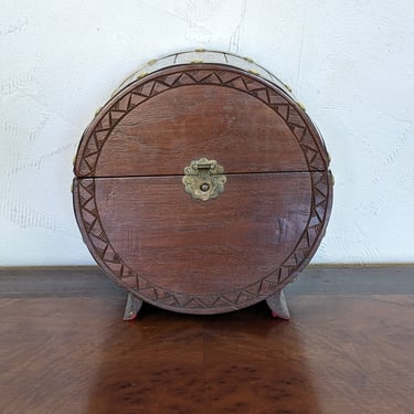 Ornate Vintage Footed Wood Jewelry Box Asian Brass Accents 