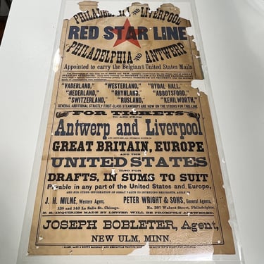 19th Century Red Start Liner Broadside Poster for Steamship - 1800s Antique Posters - Rare Immigrant Historical Documents - AS IS 