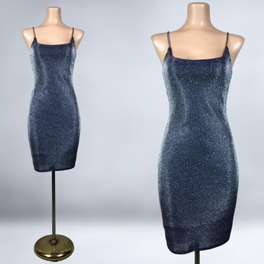 VINTAGE Y2K 2000s Shimmering Metallic Blue Stretch Mini Dress | 00s Sparkle Glitter Party Dress | VFG 