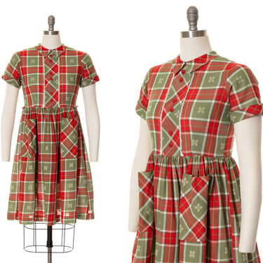 Vintage 1950s Dress | 50s Plaid Red Green Cotton Button Back Shirtwaist Fit and Flare Babydoll Fall Day Dress with Pockets (small) 