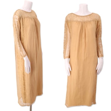 20s antique beige silk lace flapper dress / vintage Art Deco tea colored Gatsby era day dress, lawn dress 