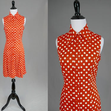 70s Red White Polka Dot Dress - Sleeveless - Knit w/ a little stretch - Blobby Dots - Pointy Collar - Vintage 1970s - S M 